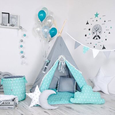 Juego de tipi para niños tipi islandés, tapete, dos almohadas, canasta, banderines, atrapasueños