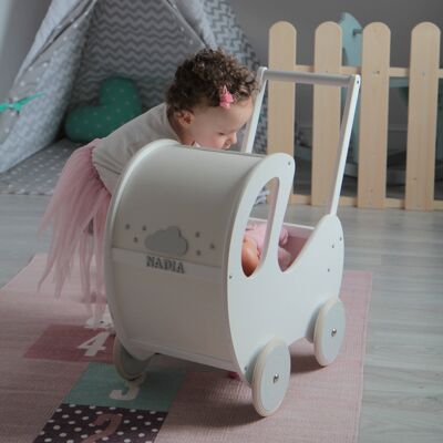 Handmade Wooden Doll Pram White & Grey from £99 Pram with grey/blue slate and grey/blue decor