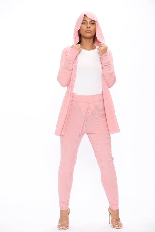 Pink Ribbed Hoodied Cardigan and Trousers Co-Ord Set