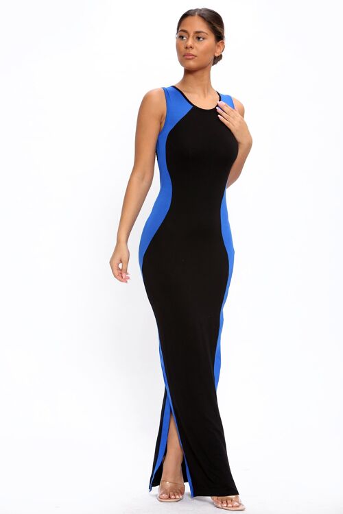 Black and Blue Jewel Neckline Bodycon Maxi Dress