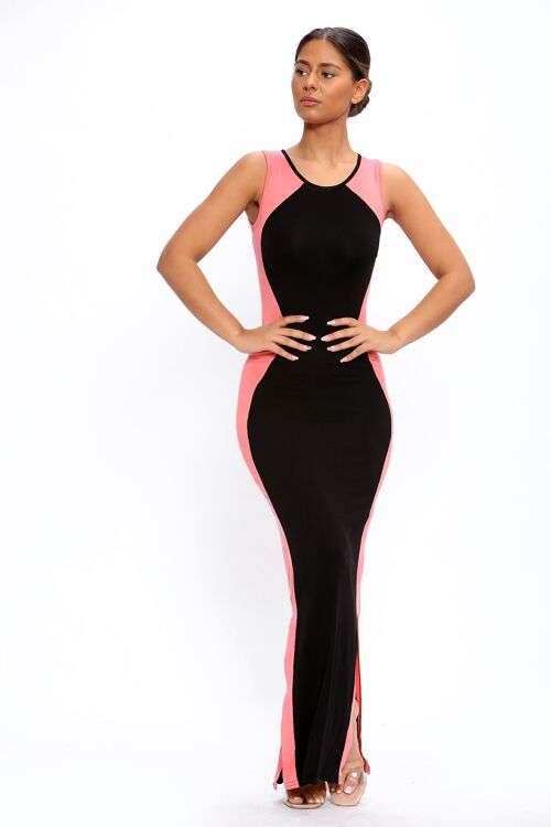 Black and Pink Jewel Neckline Bodycon Maxi Dress