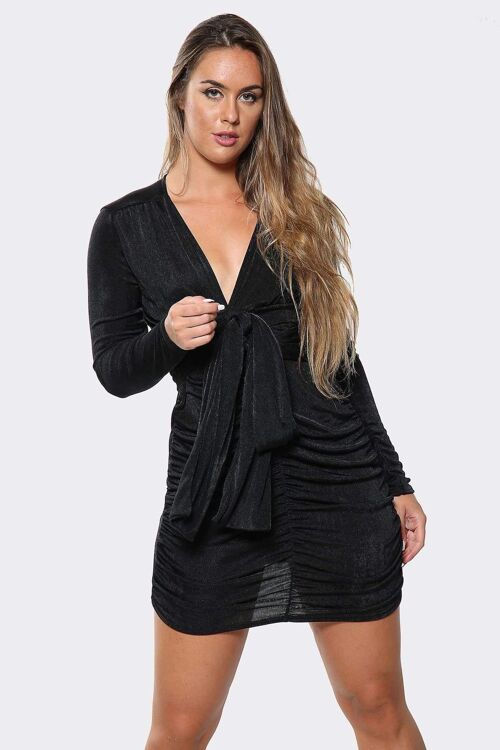 Deep Plunge Tie Draped Skirt Detail Mini Dress - Black - 6