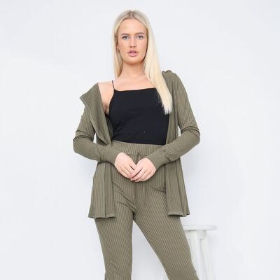 Khaki Green Ribbed Cardigan and Trousers Co-Ord Set