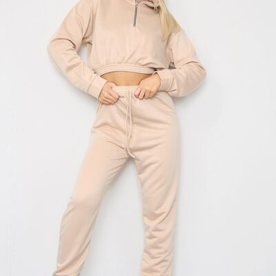 Nude Long Sleeve Zipper Crop Top and Matching Oversized Joggers