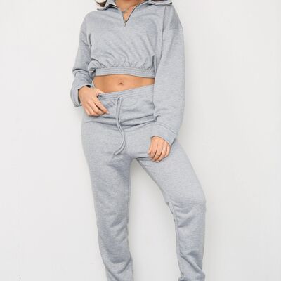 Grey Long Sleeve Zipper Crop Top and Matching Oversized Joggers