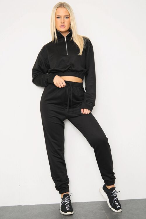 Black Long Sleeve Zipper Crop Top and Matching Oversized Joggers