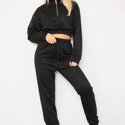 Black Long Sleeve Zipper Crop Top and Matching Oversized Joggers