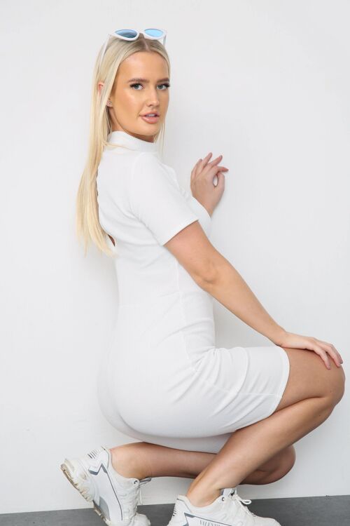 White ribbed short sleeve open front detail unitard