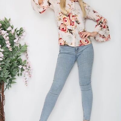 Stone floral print flare sleeve button shirt