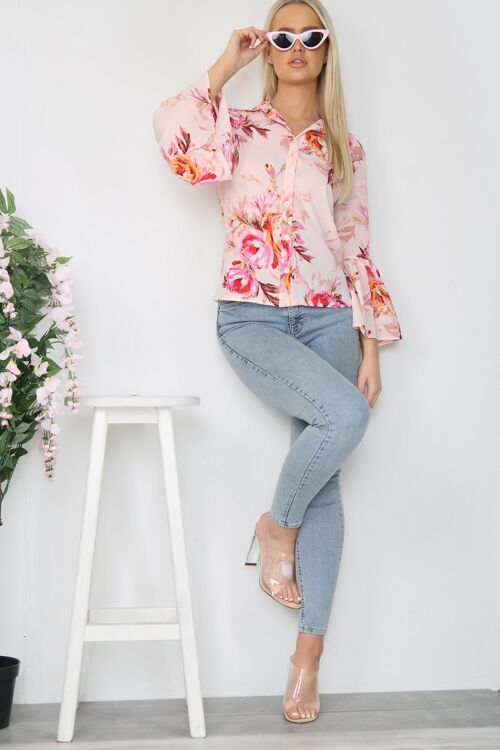 Pink floral print flare sleeve button shirt