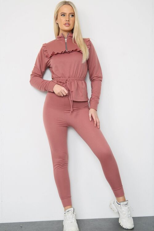 Dusty Pink Frill Trim Top and Joggers Co-Ord Set