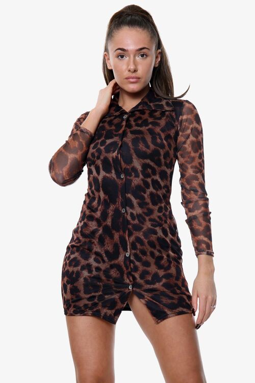 Leopard print long sleeve mesh shirt dress