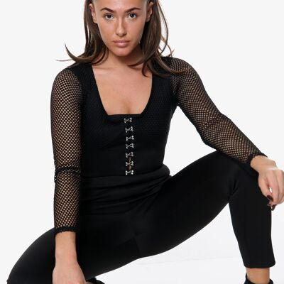 Black eyelet details net long sleeve jumpsuits