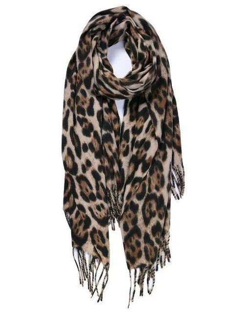 Khaki Leopard Print Tassel Hem Winter Scarf