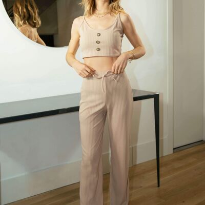 Nude Button Detail Crop Top And Wide Leg Trousers Rib Co-ord Set