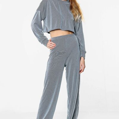 Ribbed Blue Crop Top and Wide Leg Trouser Co-Ord Set