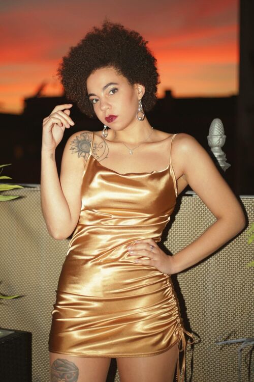 Strappy Satin Cowl Neck Ruched Bodycon Gold Dress - 14