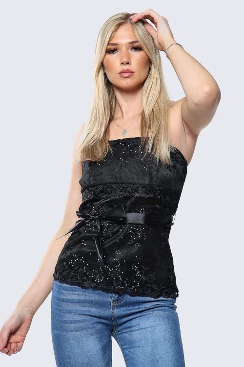 Lacy Spaghetti Strap Embroidery Corset Detail Top - Black - 10