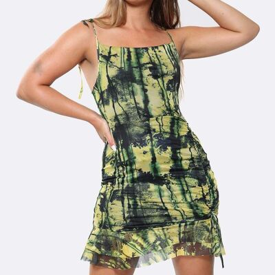 Lime Color Dye Print Mesh Ruched Side Bodycon Dress