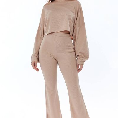 Cropped Off the Shoulder Ribbed Sand Loungewear Set