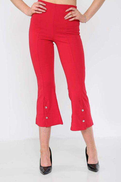Button Detail Cropped Kickflare Trousers - Red - ML