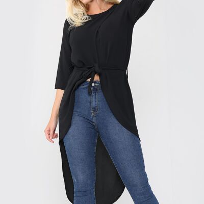 Tie Waist Long Sleeve Tunic Top - Black - 8