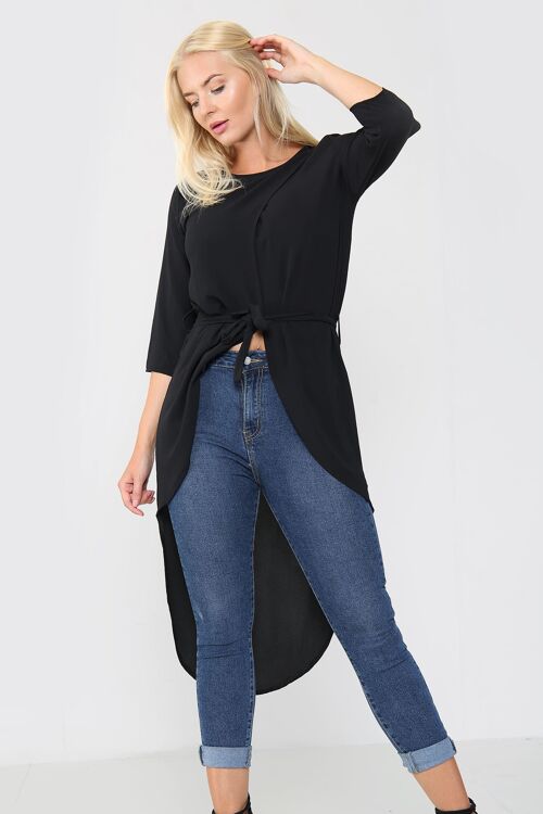 Tie Waist Long Sleeve Tunic Top - Black - 14