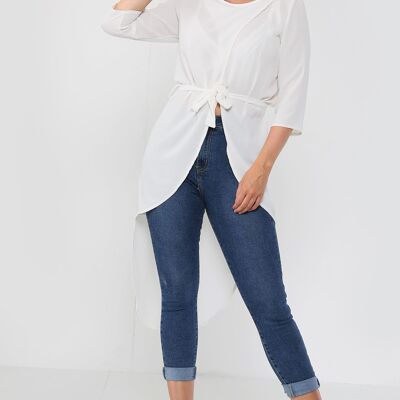 Tie Waist Long Sleeve Tunic Top - White - 6