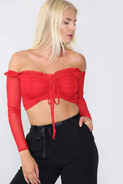 Ruched Mesh Bardot Crop Top - Red - 8