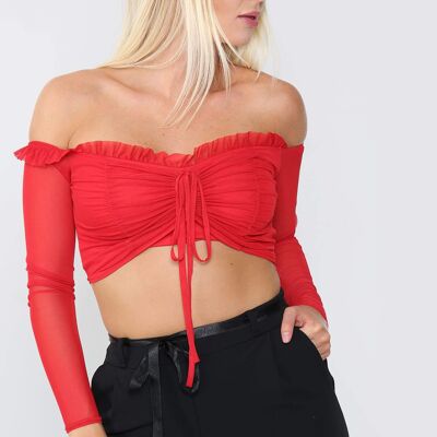 Ruched Mesh Bardot Crop Top - Red - 10