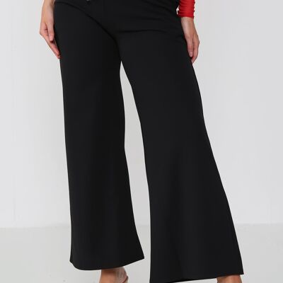 Wide Leg Belted Crepe Trousers - Black - SM