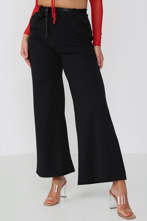 Wide Leg Belted Crepe Trousers - Black - ML