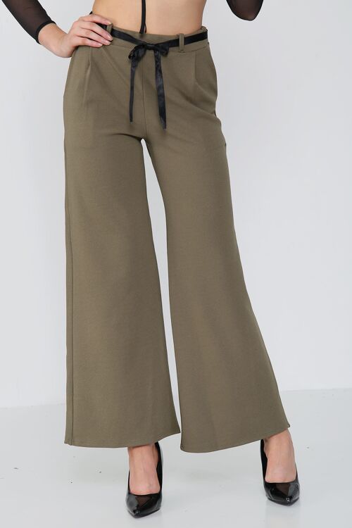 Wide Leg Belted Crepe Trousers - Khaki - ML
