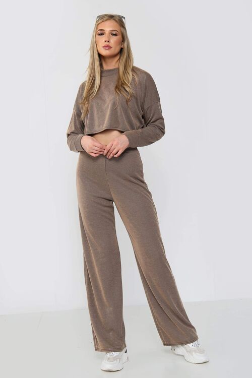 Ribbed Mocha Crop Top and Wide Leg Trouser Co-Ord Set