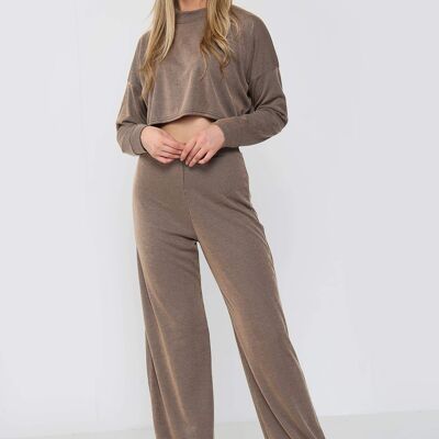 Ribbed Mocha Crop Top and Wide Leg Trouser Co-Ord Set