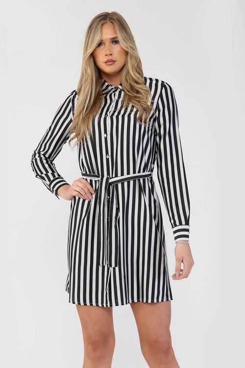 Black and White Striped Satin Shirt Dress