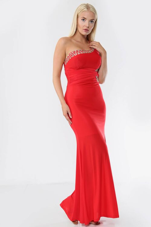 Embellished Asymmetric Gown Maxi Dress - Red - SM