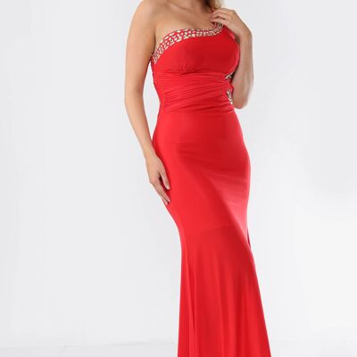 Embellished Asymmetric Gown Maxi Dress - Red - ML