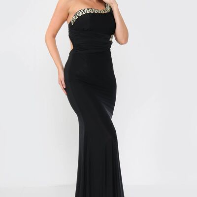 Embellished Asymmetric Gown Maxi Dress - Black - SM