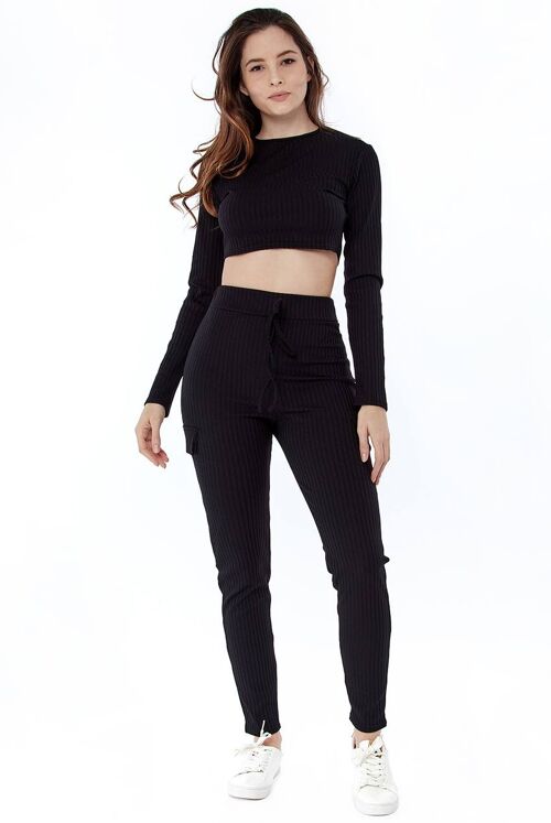 Black Sleeve Crop Top and Ribbed Pocket Detail Loungewear Set