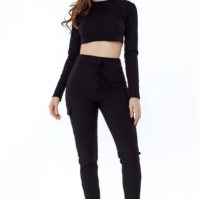 Black Sleeve Crop Top and Ribbed Pocket Detail Loungewear Set