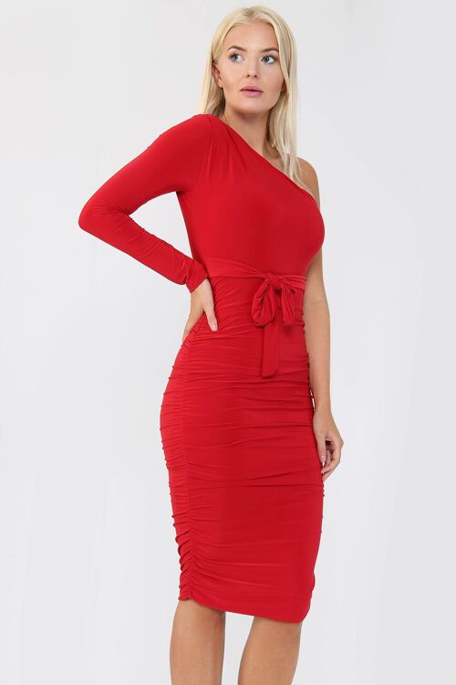 Red One Shoulder Ruched Slinky Midi Dress