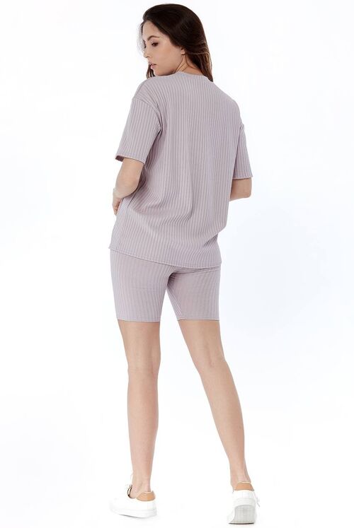 Grey Oversized Ribbed Tee and Cycling Short Loungewear Set - 10