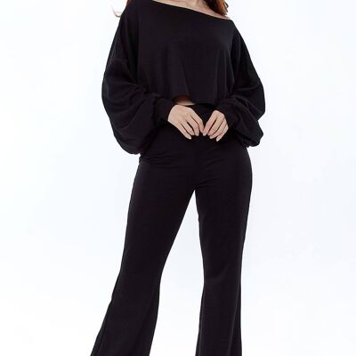 Black Cropped Off the Shoulder Ribbed Loungewear Set