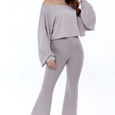 Cropped Off the Shoulder Ribbed Grey Loungewear Set