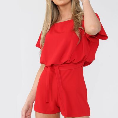 Red Belted Open Back Tie Waist Boxy Playsuit