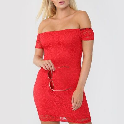 Red Bardot Neck Lace Bodycon Mini Dress
