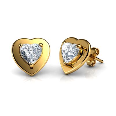 DEPHINI 14k Gold Earrings - Heart Studs CZ Crystals - Luxury wooden box