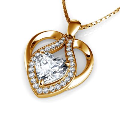 DEPHINI 18k Gold Necklace - Cute Heart Pendant CZ Crystals - Luxury wooden box