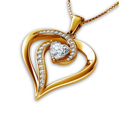 DEPHINI Collar de oro de 18 quilates - Colgante de corazón con cristales CZ - Caja de madera de lujo